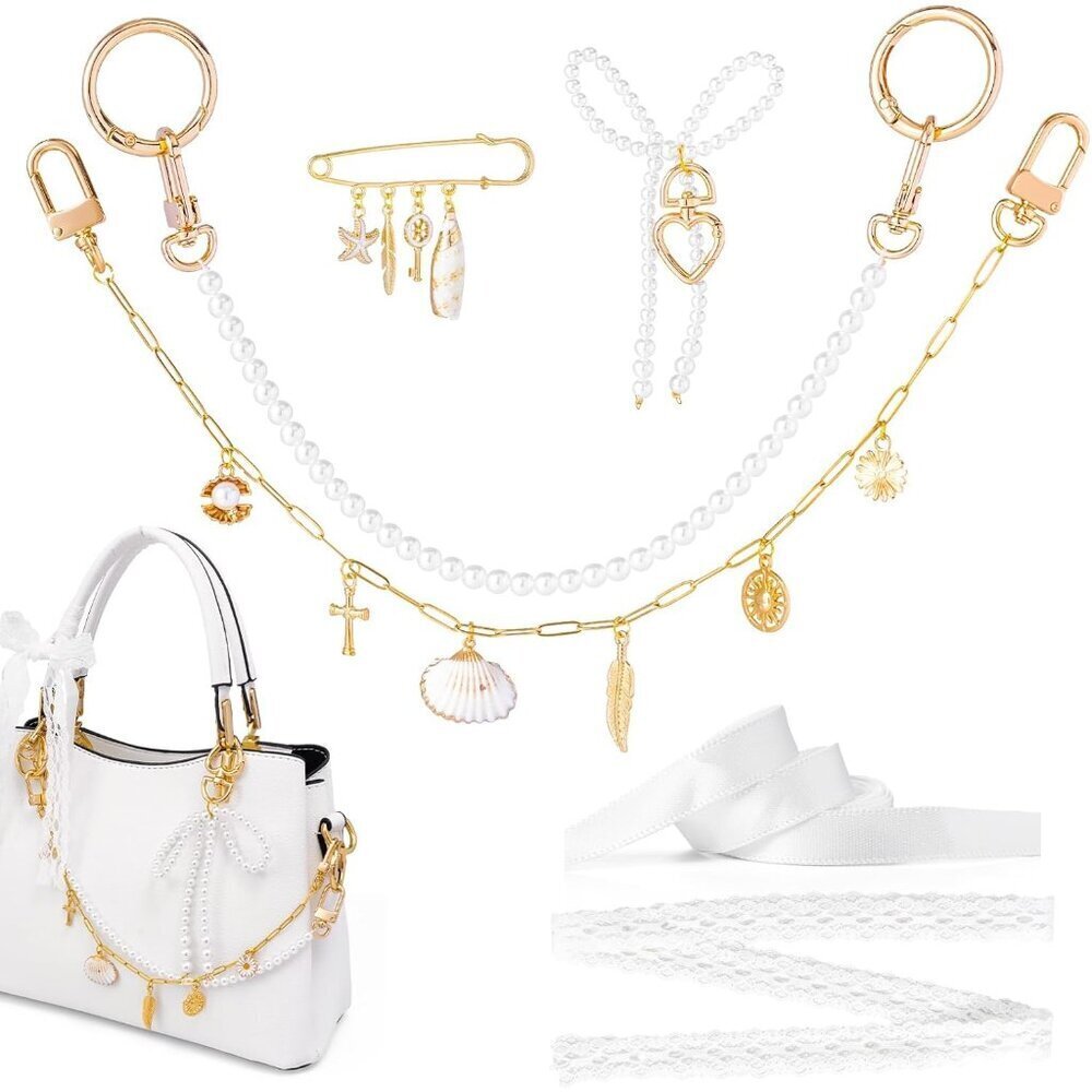 6-in-1 Bag Charms Set Gold Pearl Shell Pendant Key Phone Crossbody Decor
